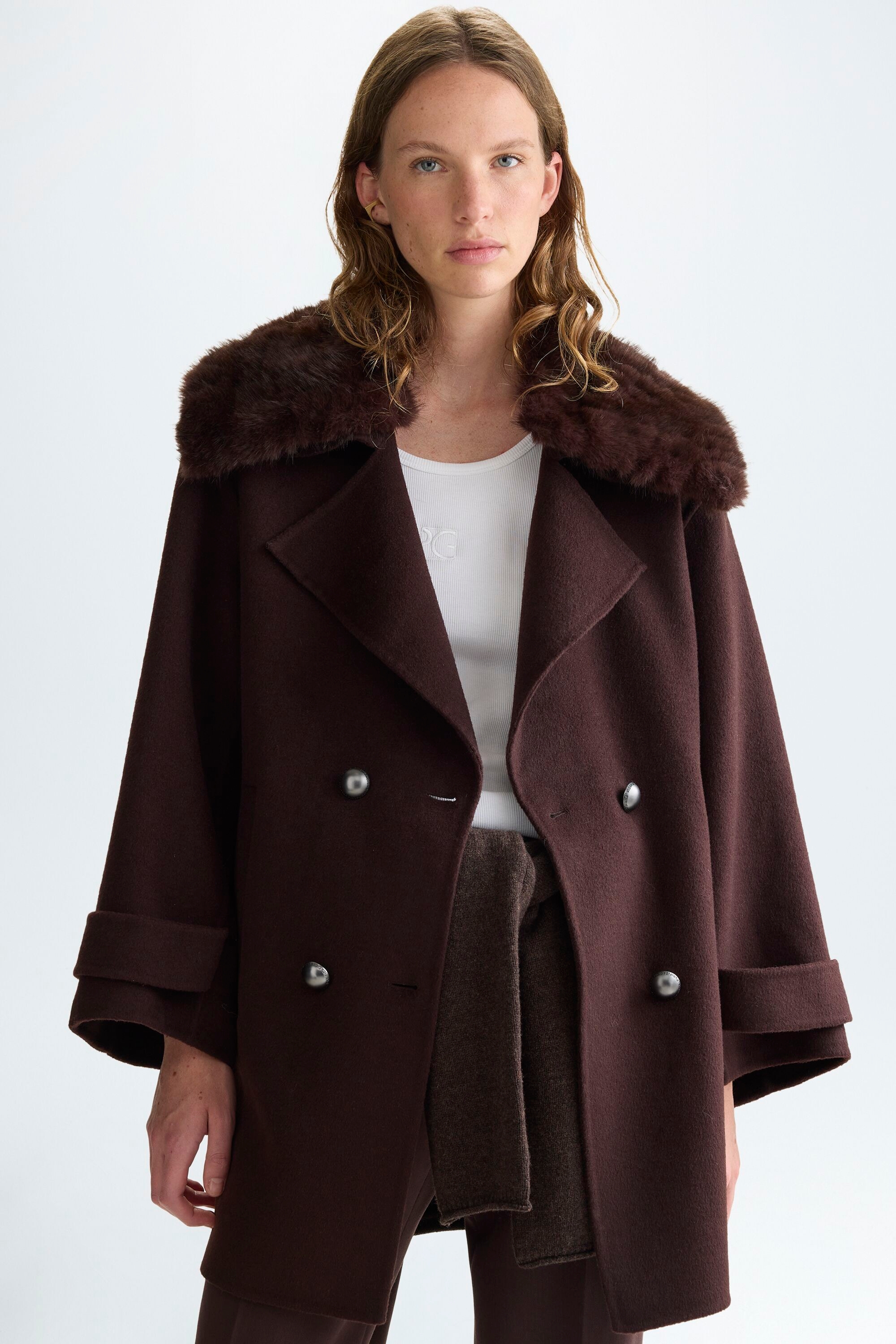 Double-faced oversize coat with detachable fur collar - BROWN