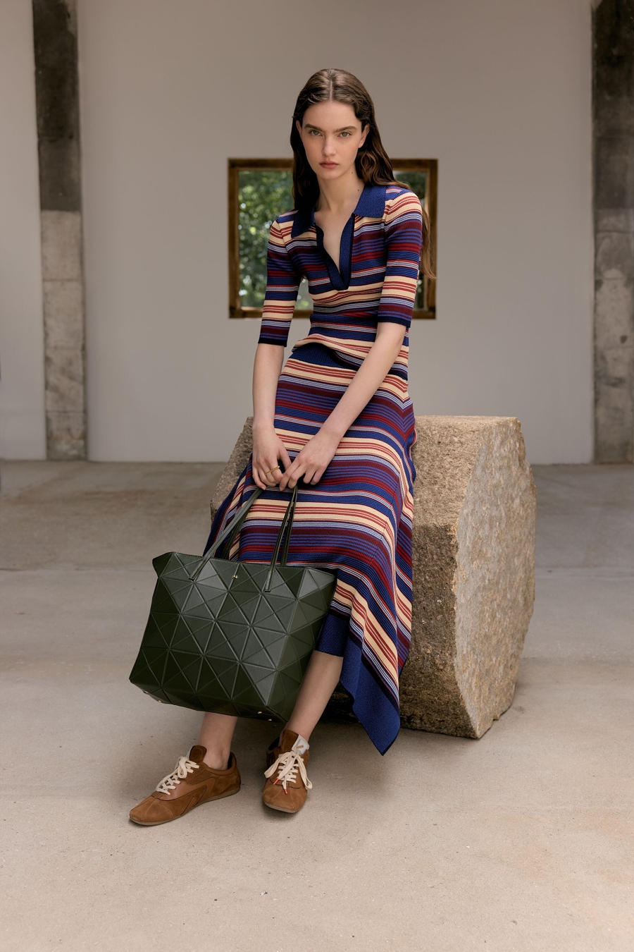 STRIPED RIBBED KNIT MIDI SKIRT