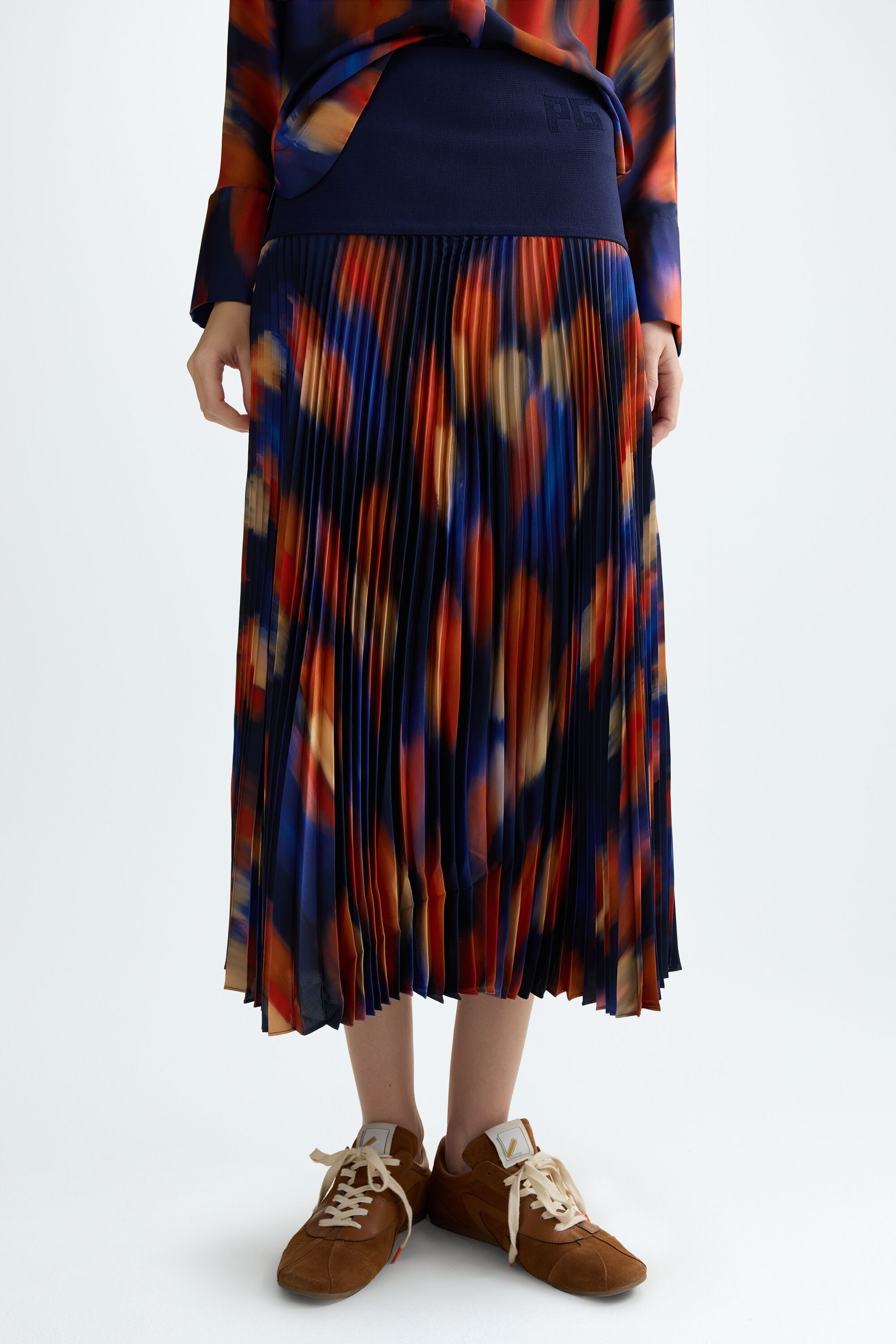 Print twill pleated midi skirt