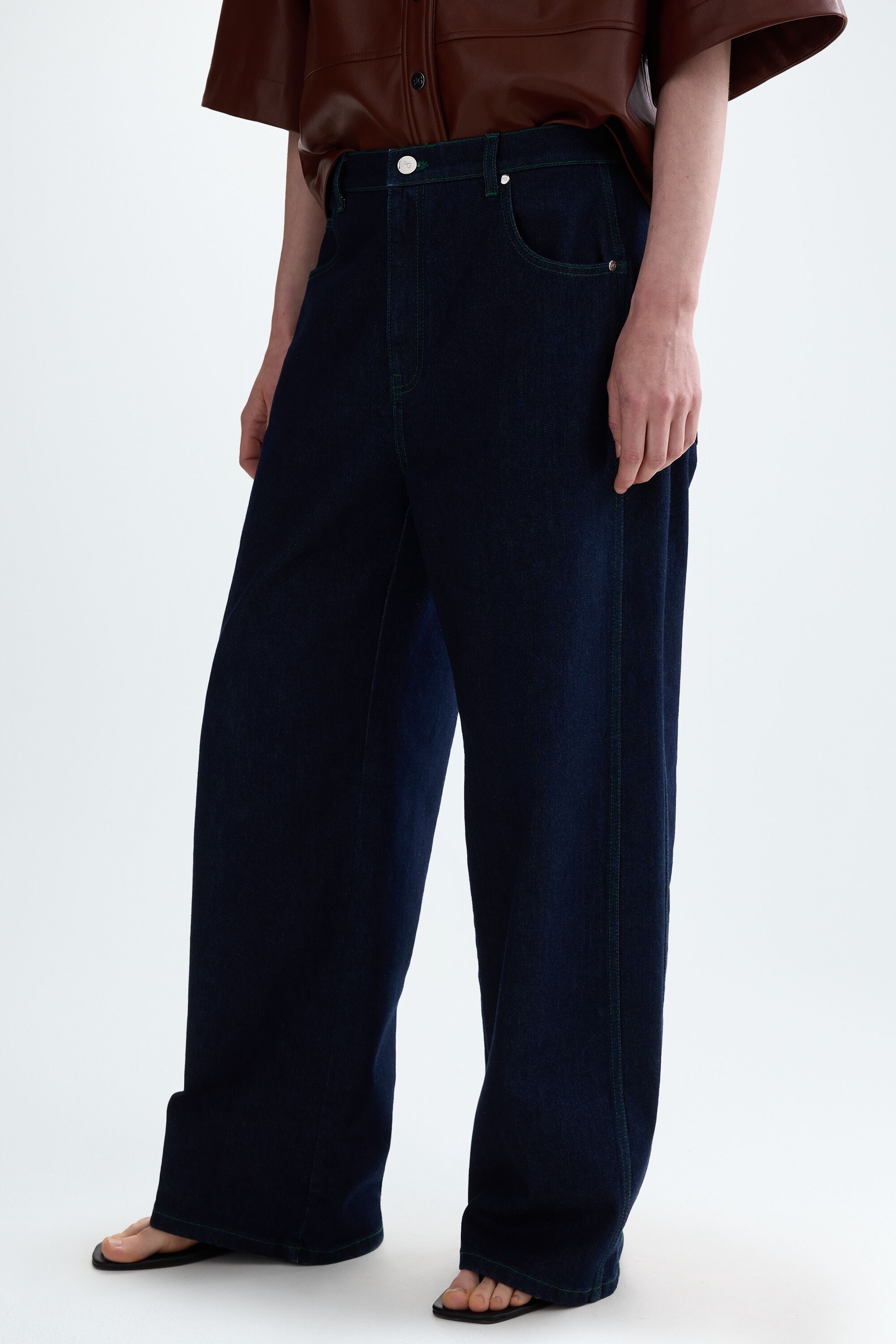 Denim cotton twill wide-leg trousers