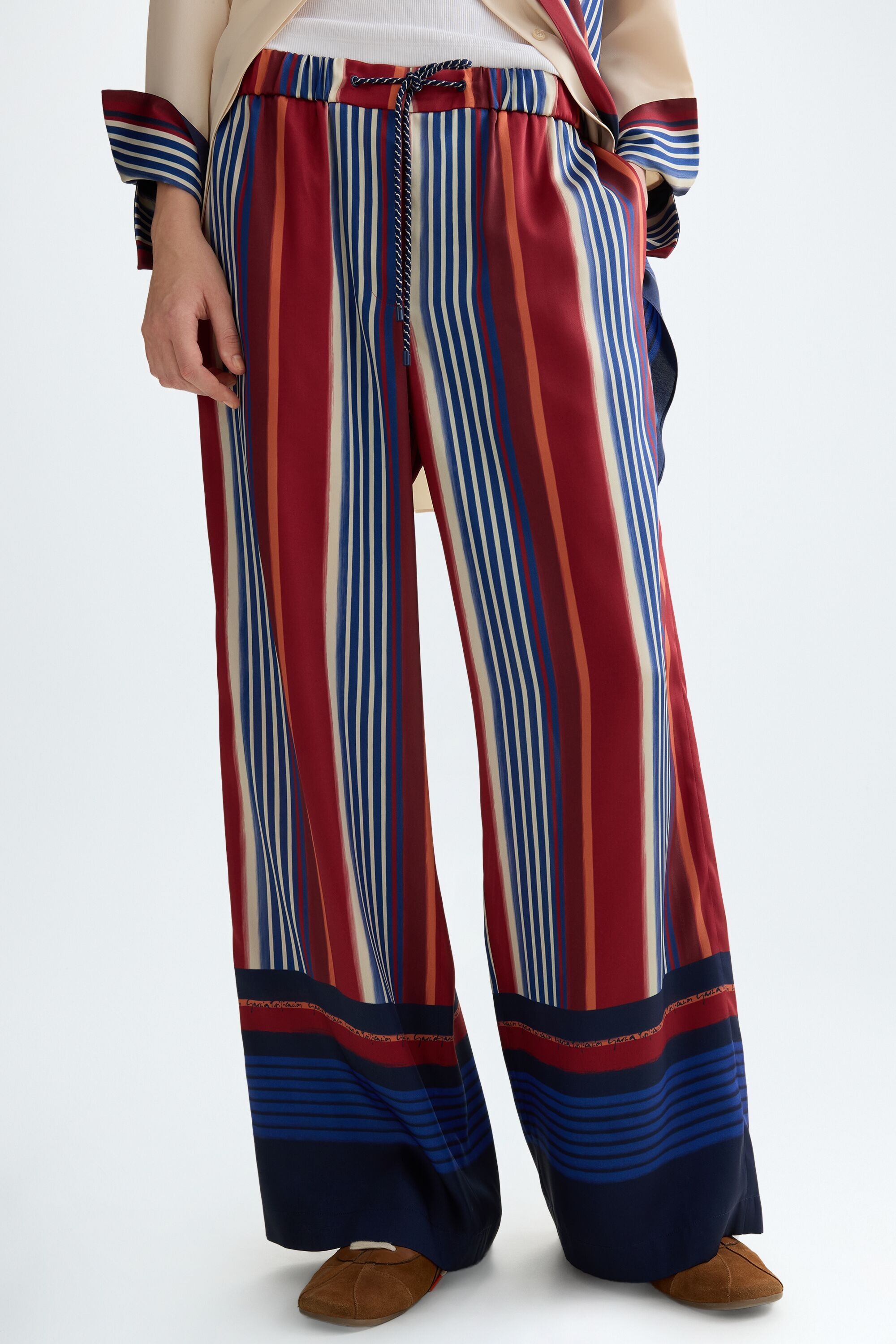 Striped print twill pyjama-style trousers