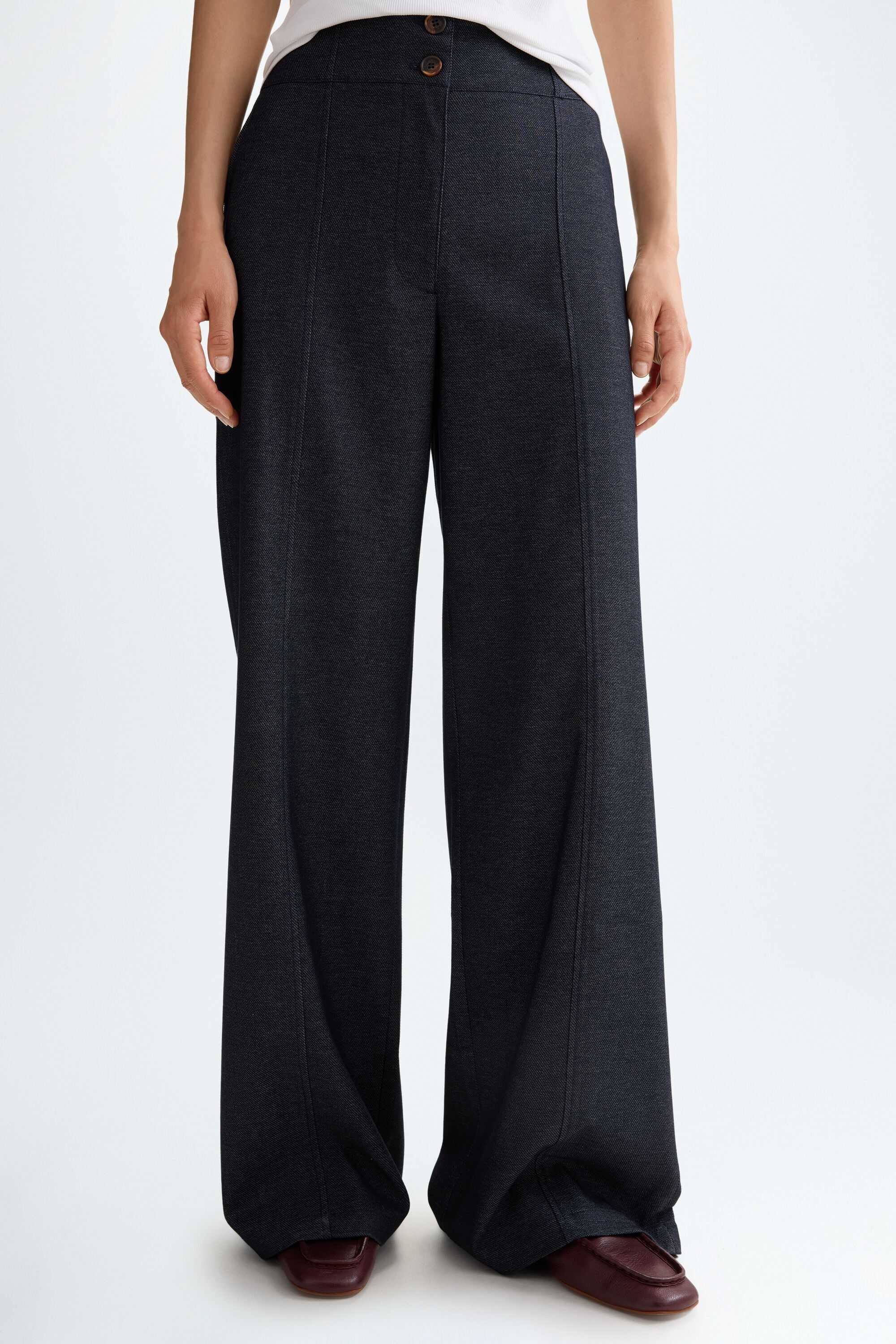 Flowy twill wide-leg long trousers