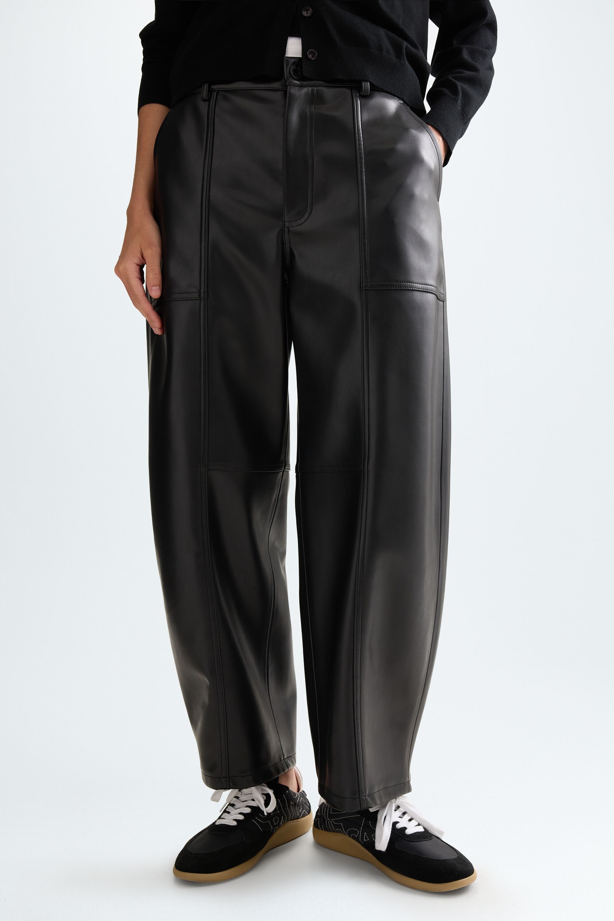 Faux-leather barrel trousers