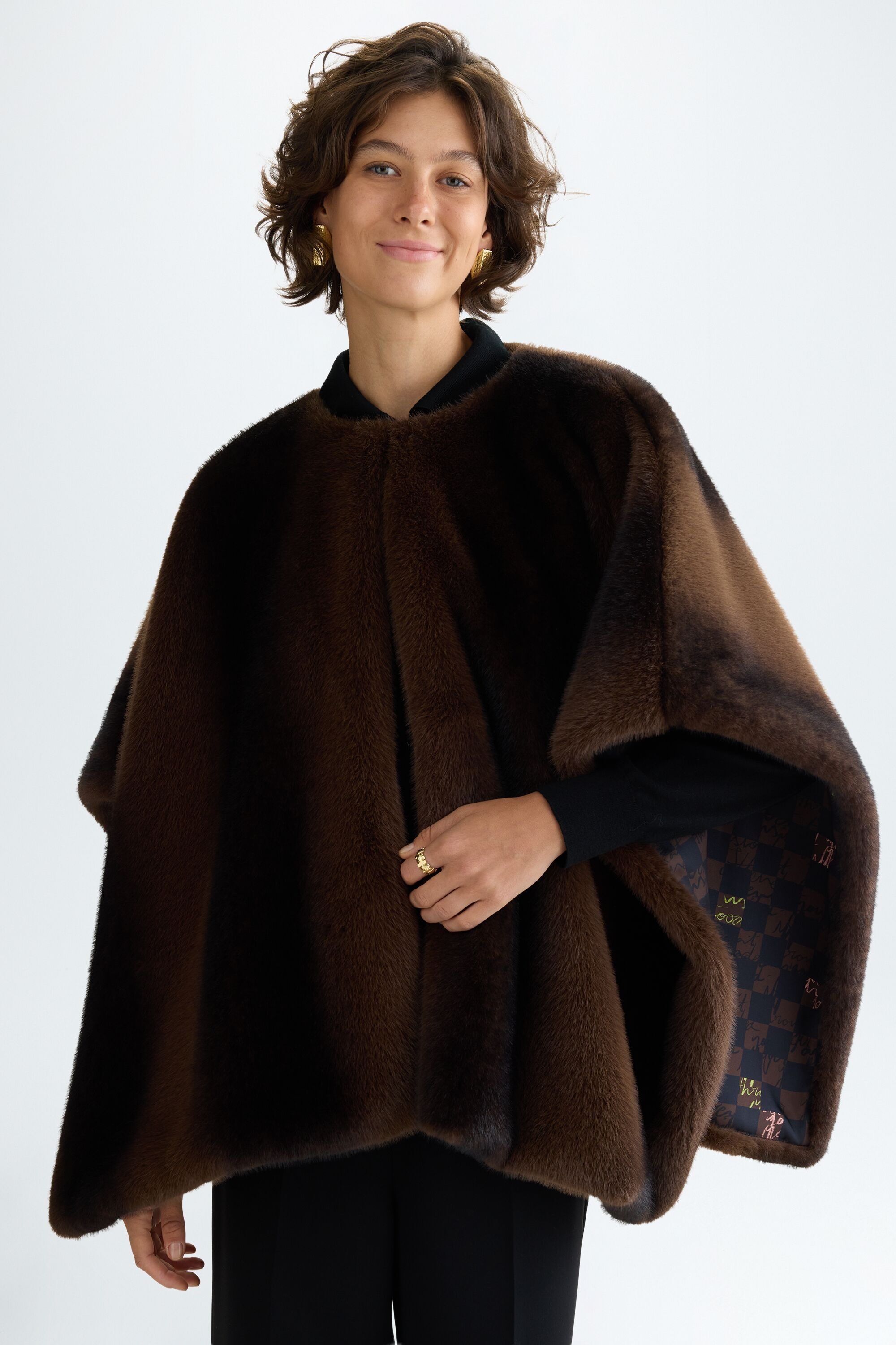 Faux fur asymmetric poncho