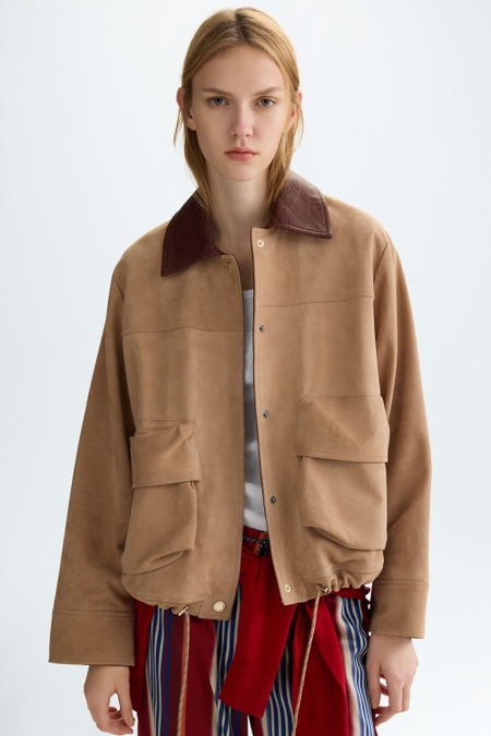 CONTRAST-COLLAR SUEDE BOMBER JACKET