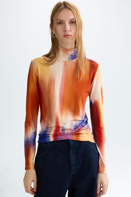 PRINT STRETCH KNIT FITTED T-SHIRT