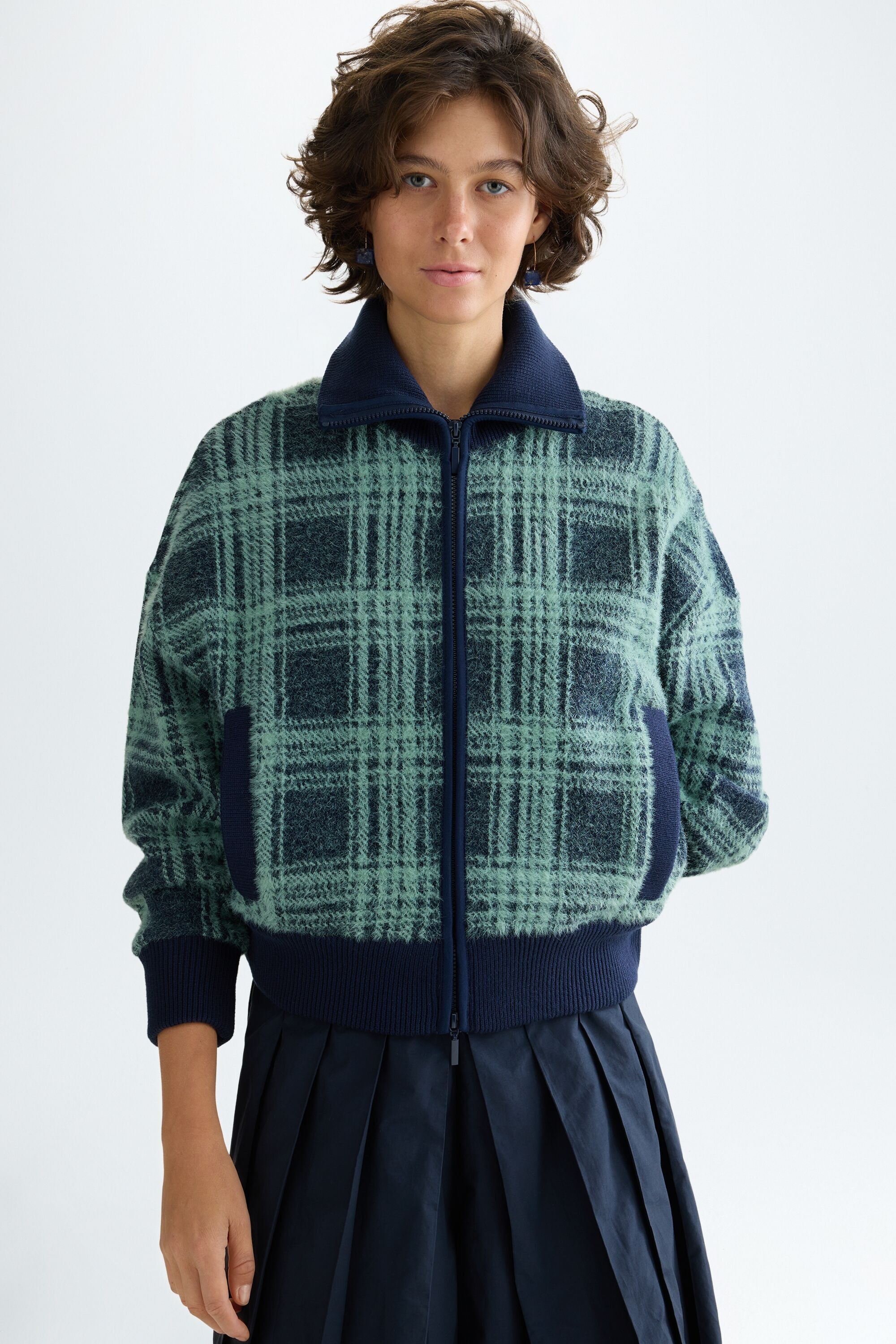 Chequered oversized teddy bomber jacket - GREEN