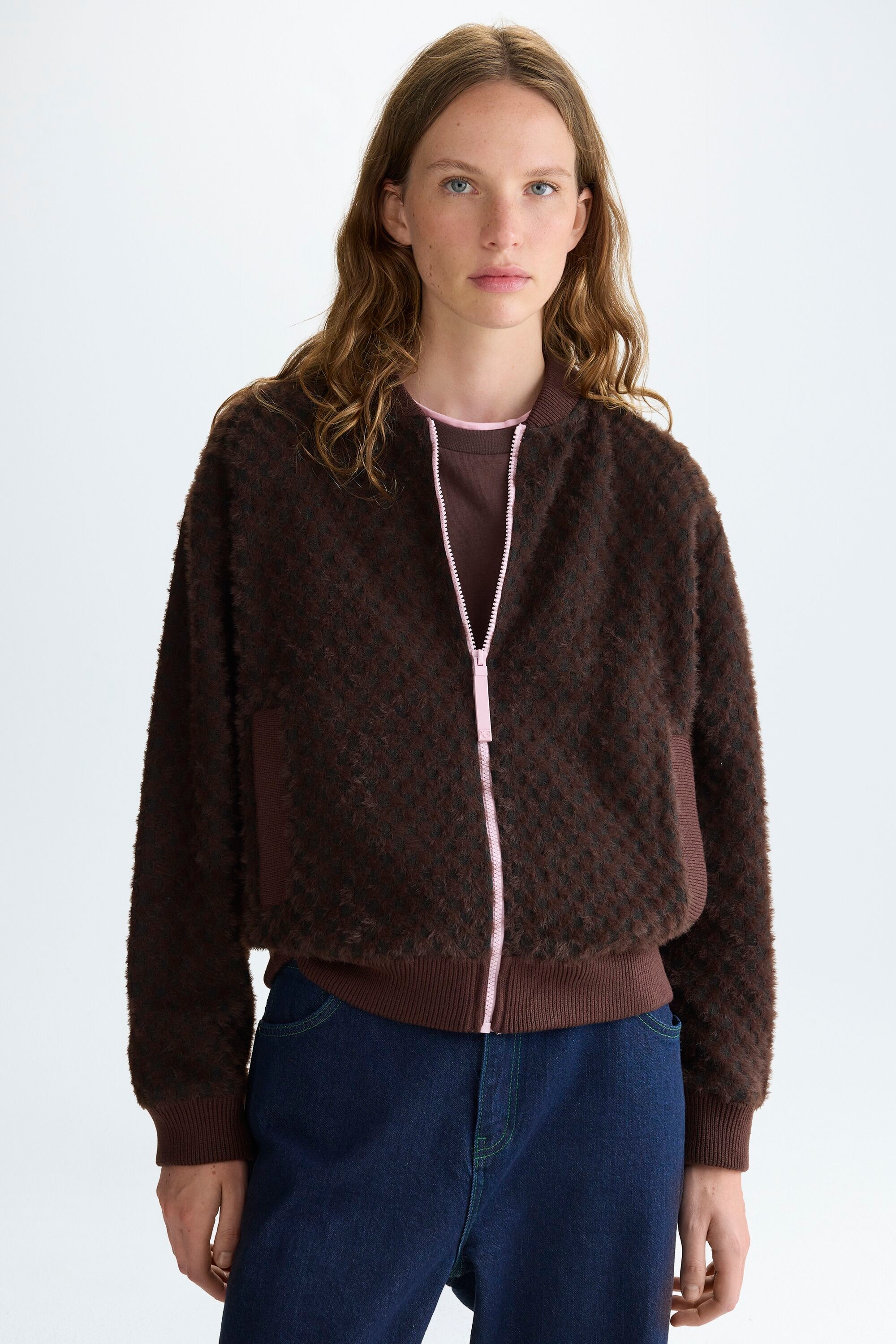 Straight-fit gingham teddy bomber jacket