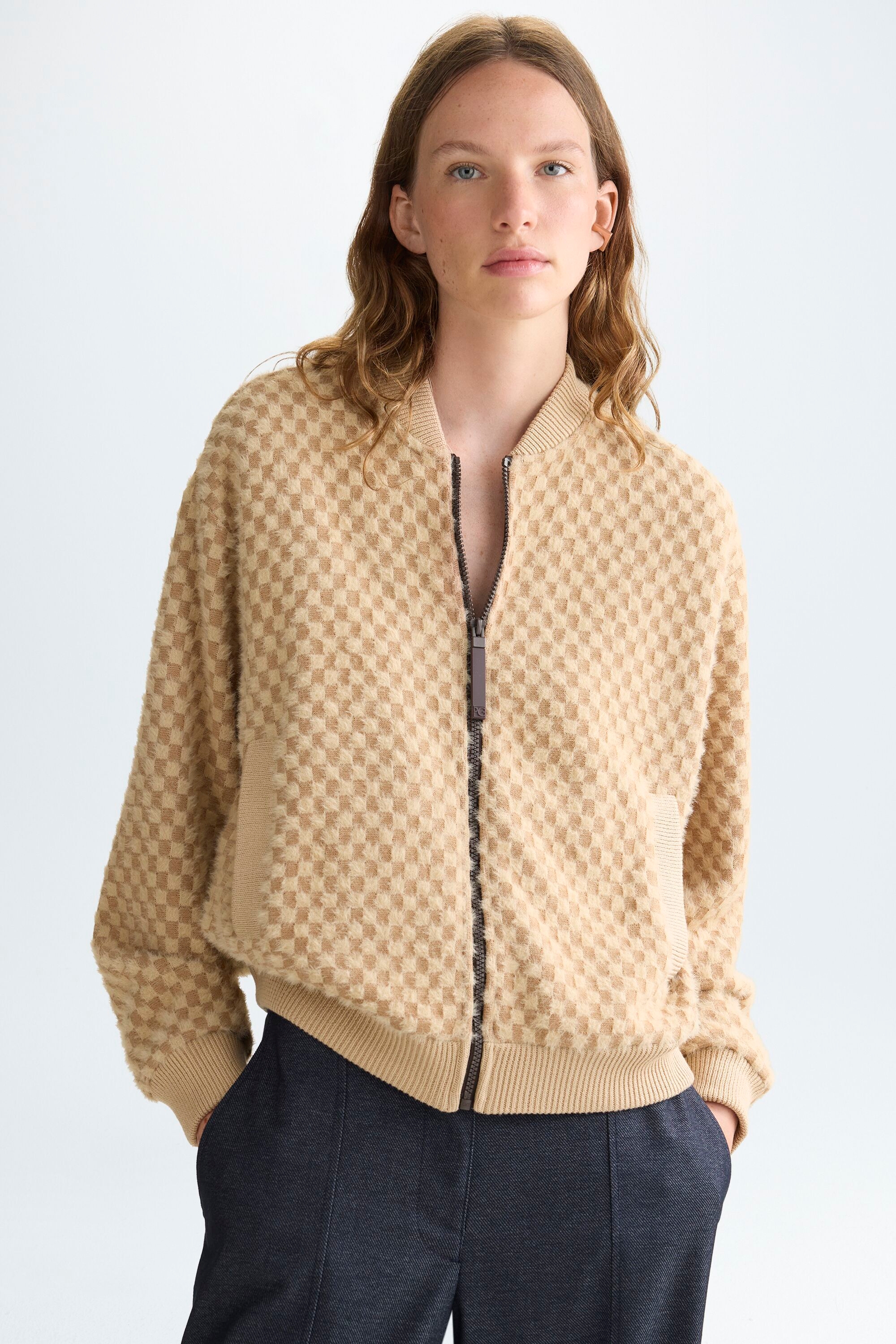 Straight-fit gingham teddy bomber jacket