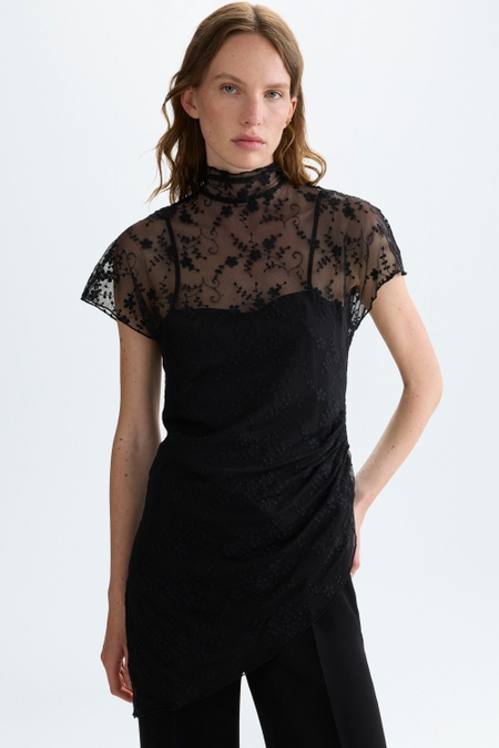 EMBROIDERED TULLE FITTED ASYMMETRIC TOP