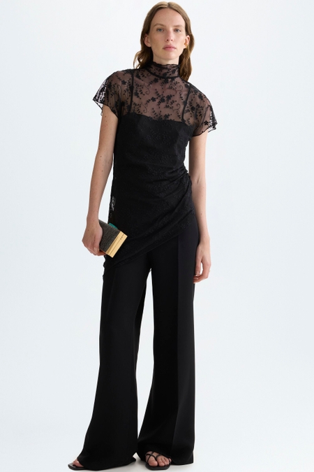 EMBROIDERED TULLE FITTED ASYMMETRIC TOP