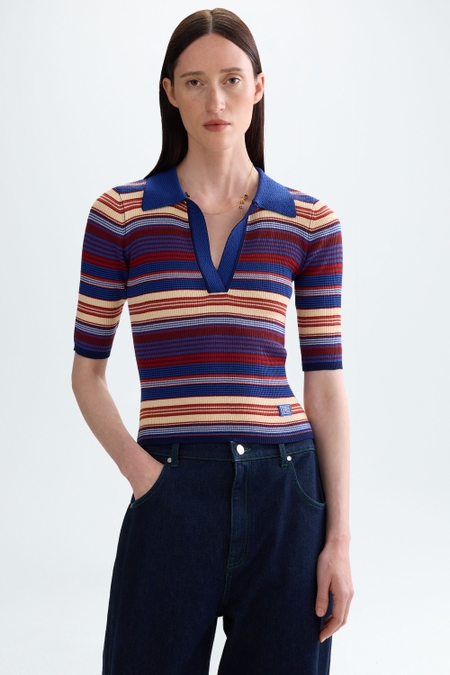 STRIPED RIBBED KNIT FITTED POLO SHIRT