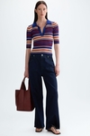 Striped ribbed knit fitted polo shirt