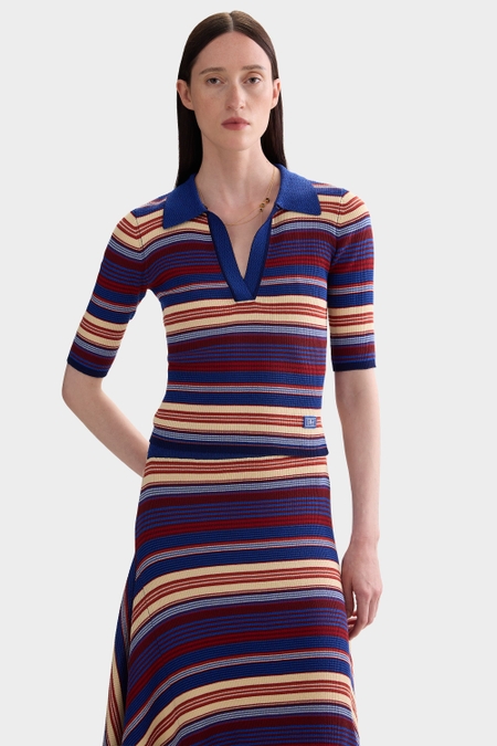 STRIPED RIBBED KNIT FITTED POLO SHIRT