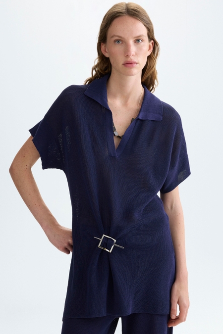 COTTON FULL CARDIGAN STITCH SWEATER WITH CUBE BROOCH