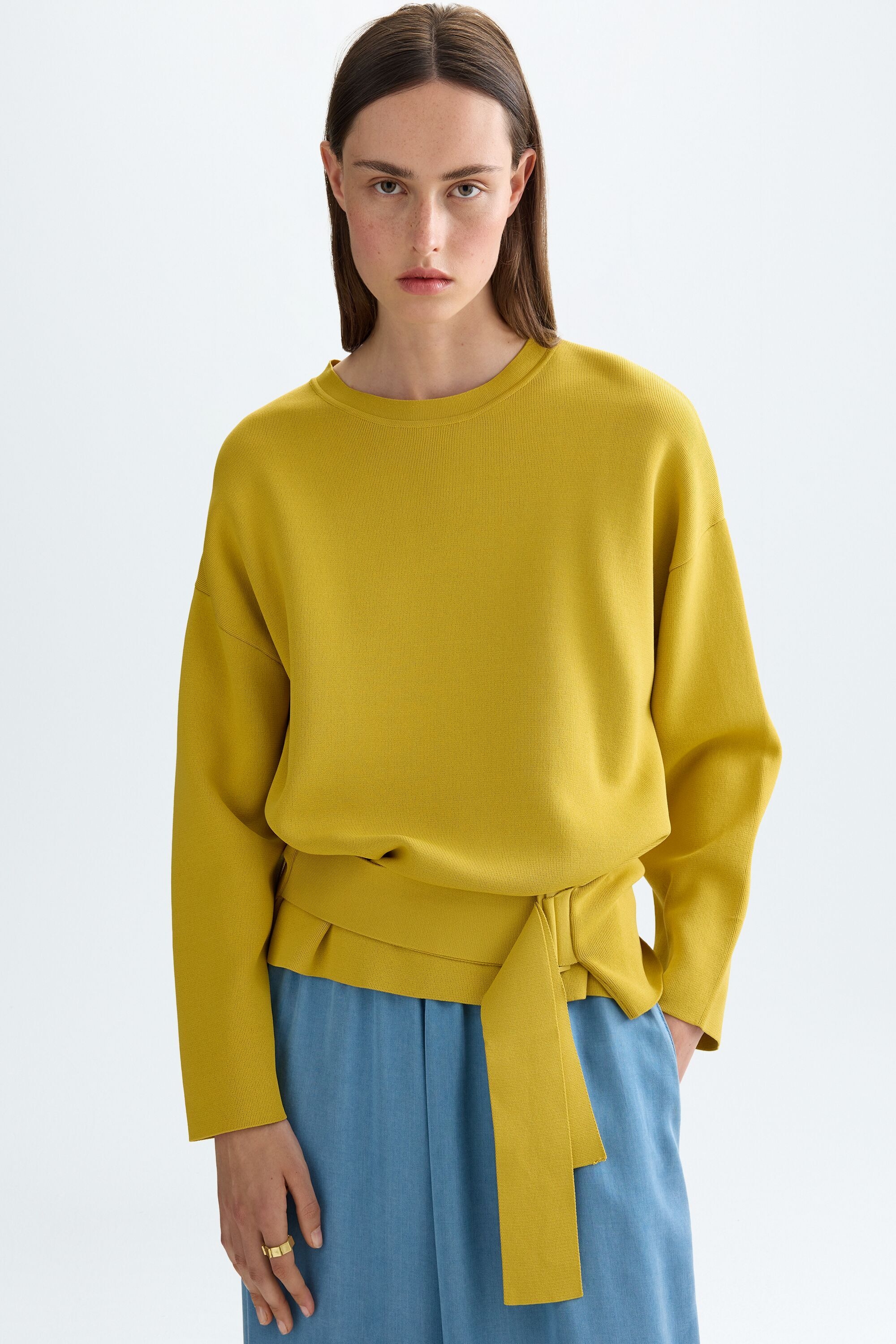 Stretch-knit oversize sweater with belt