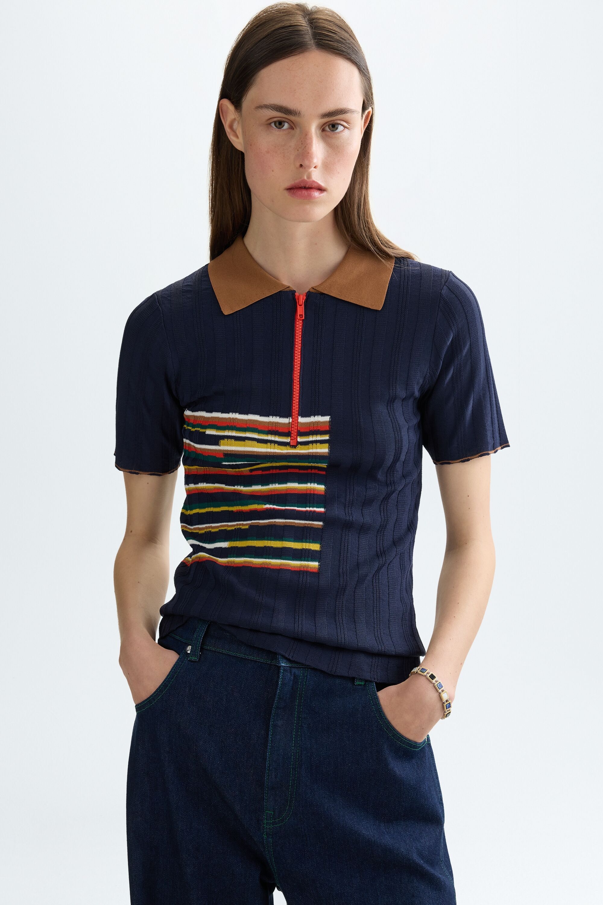 Cube intarsia ribbed knit polo shirt