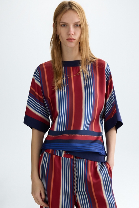 KNIT STRIPED PRINT TWILL OVERSIZE SWEATER