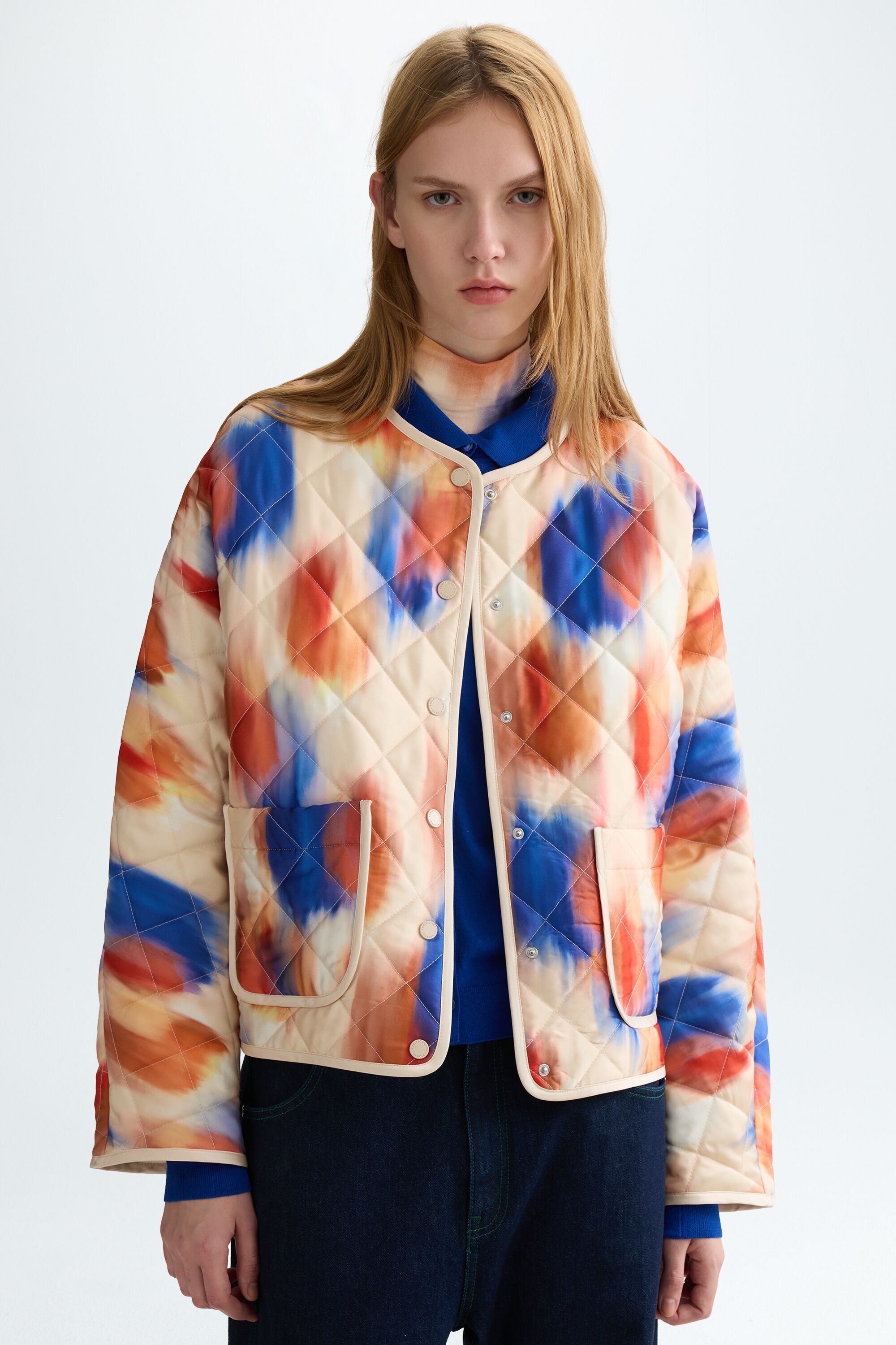 Print quilted twill straight-fit jacket