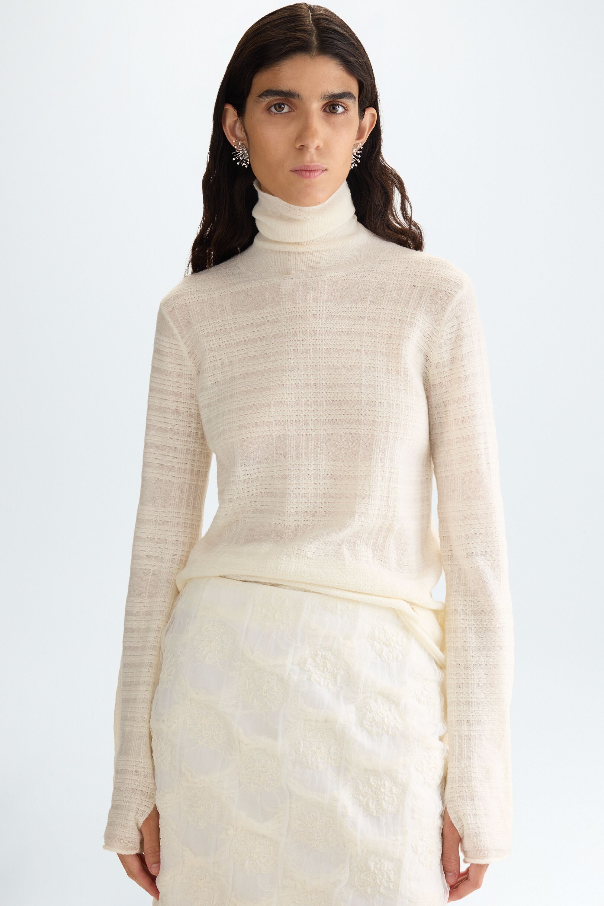 Chequered wool-blend fitted textured sweater - ECRU