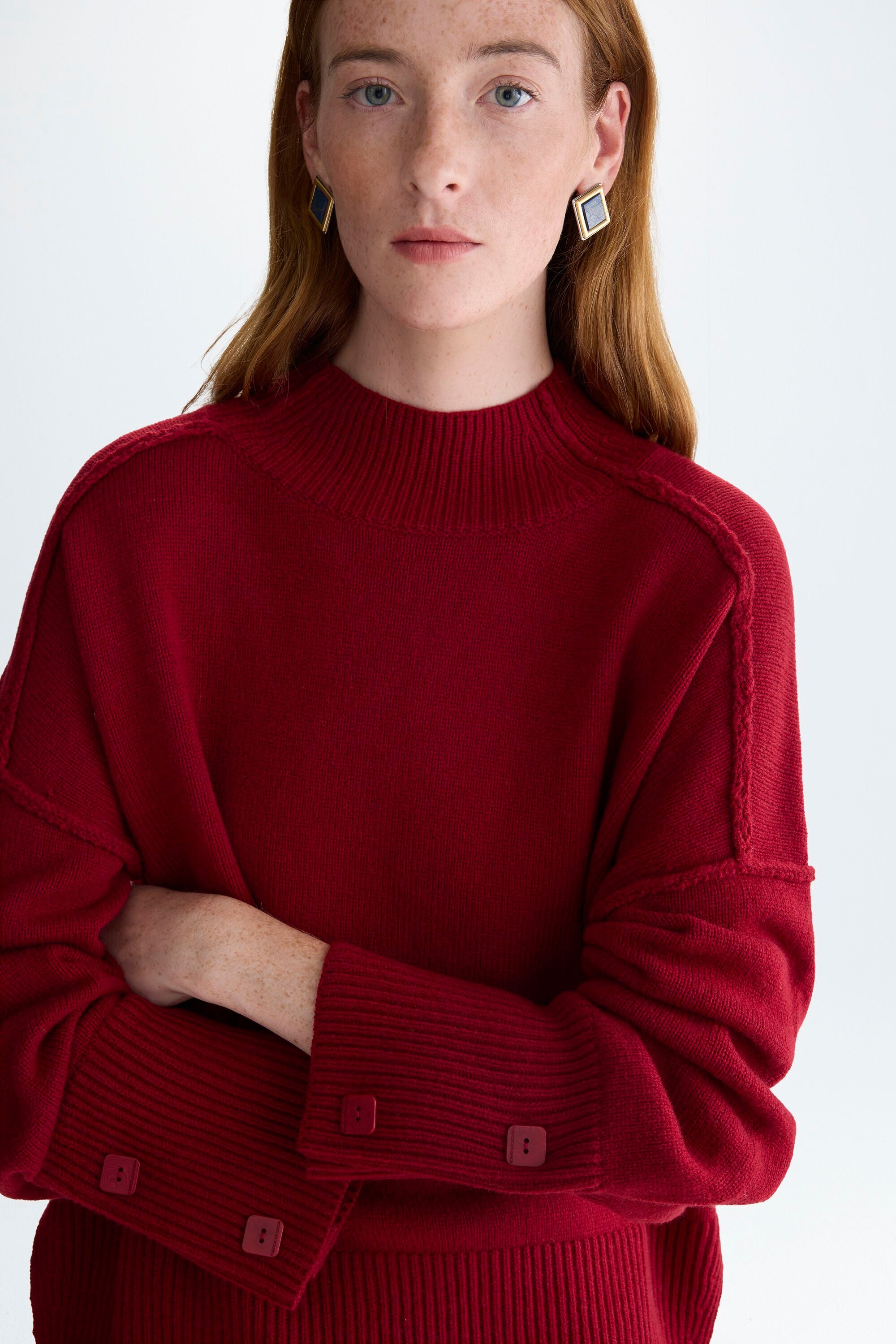 Wool straight-fit mock-neck sweater dark red - Purificacion Garcia