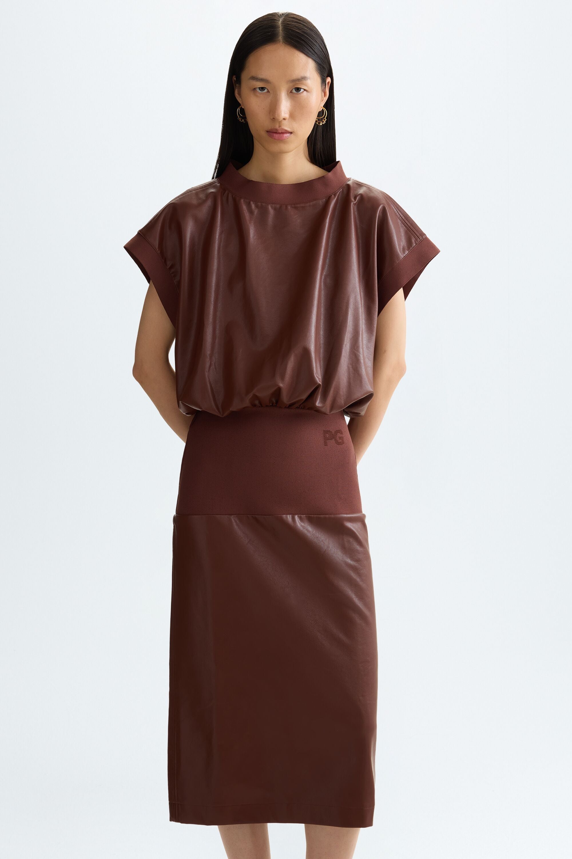 Faux-leather straight-fit midi dress brown