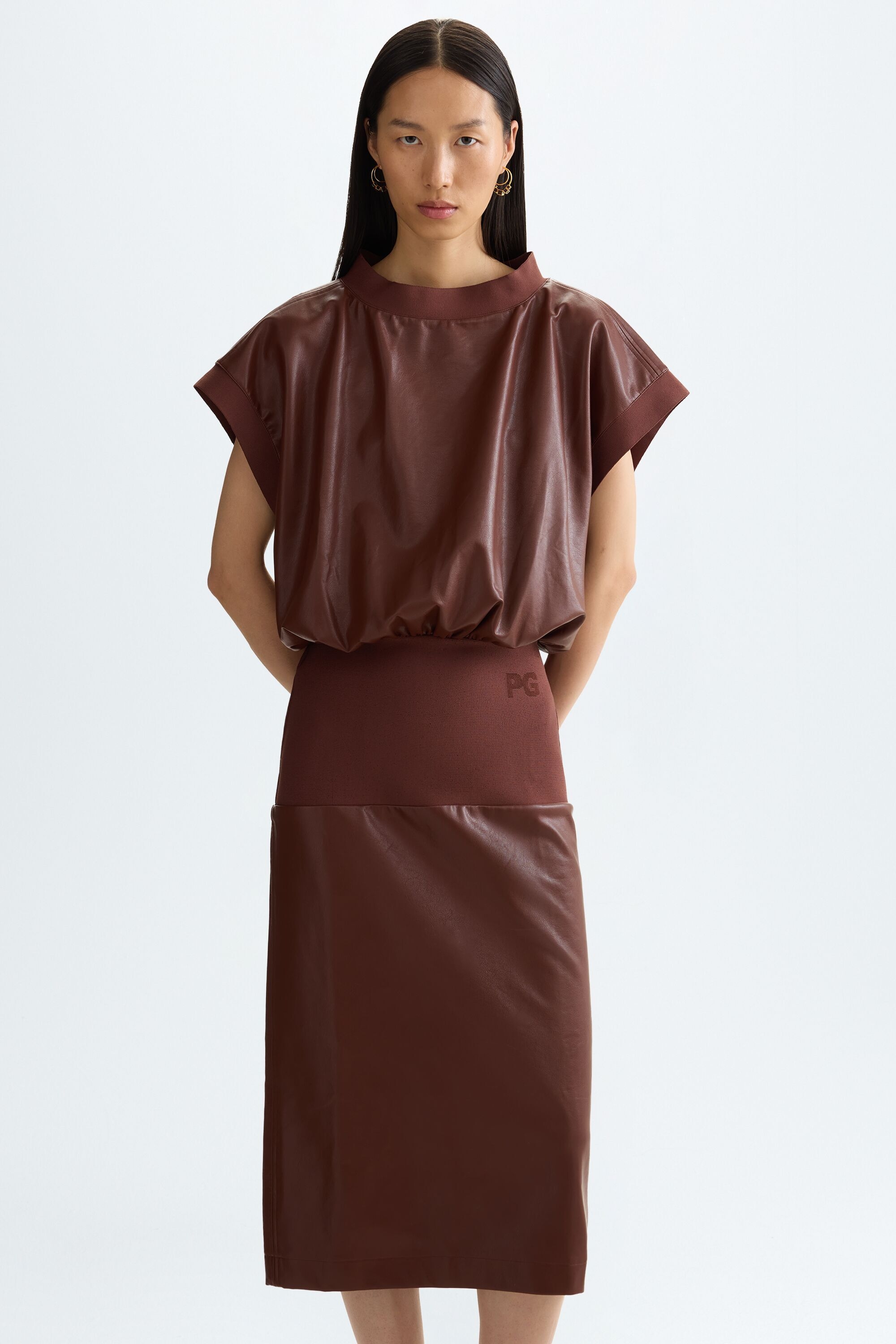 Faux-leather straight-fit midi dress