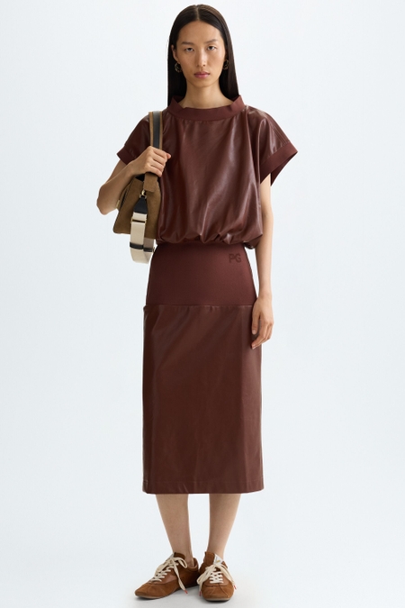 FAUX-LEATHER STRAIGHT-FIT MIDI DRESS