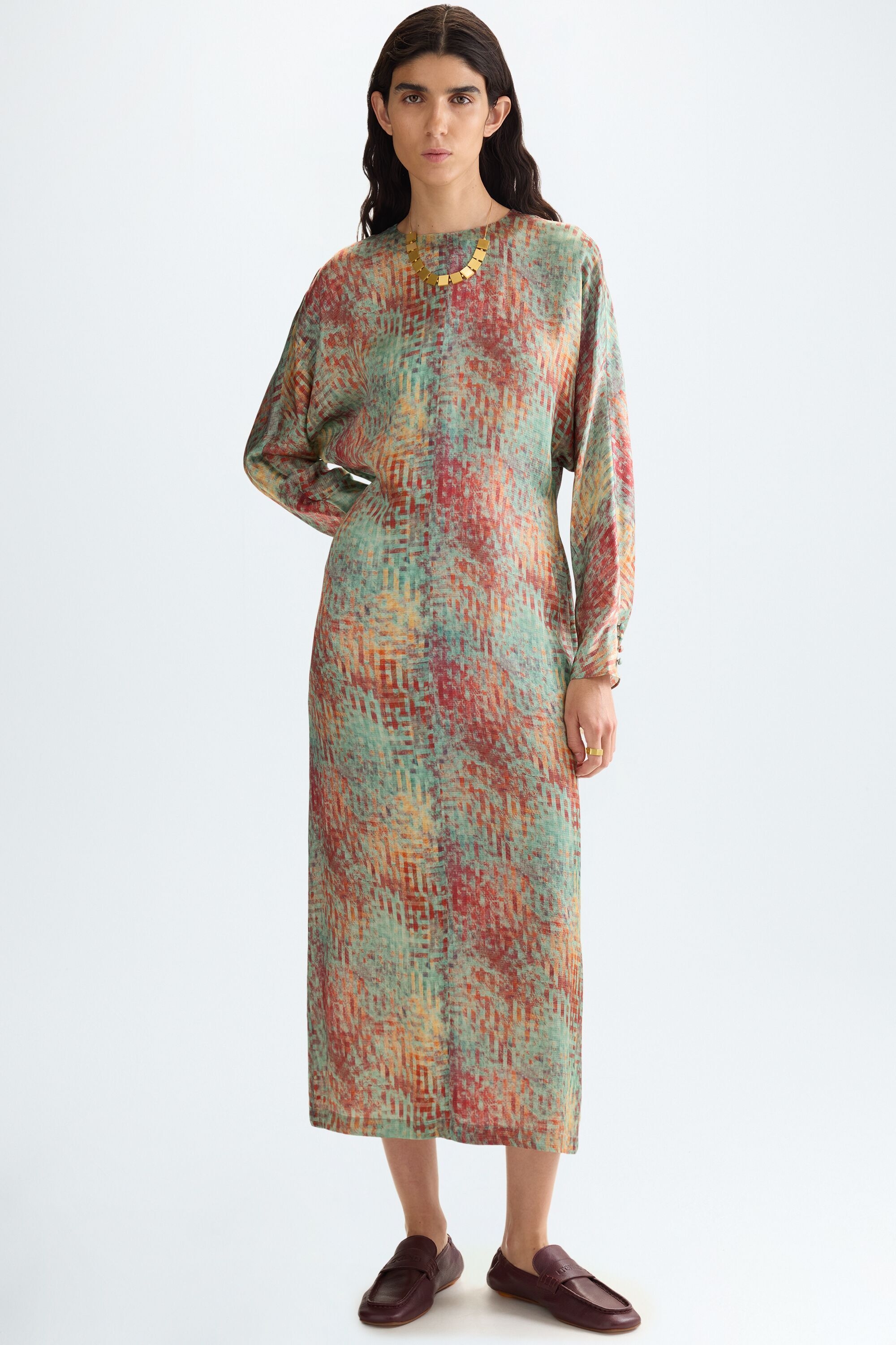 Cubes print twill straight-fit dress