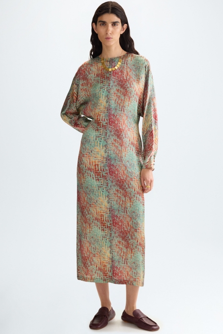 CUBES PRINT TWILL STRAIGHT-FIT DRESS