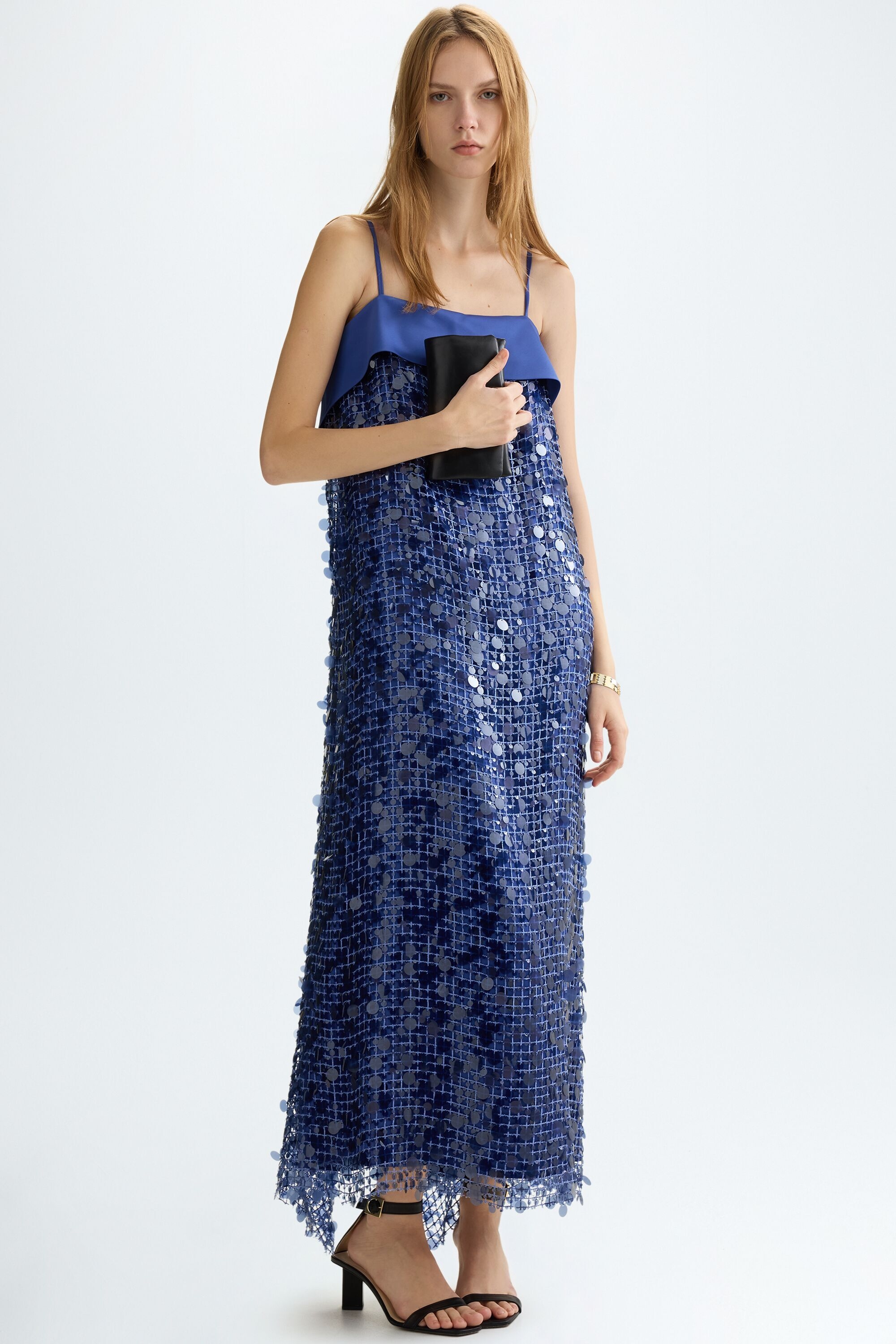 Sequinned satin straight-fit dress