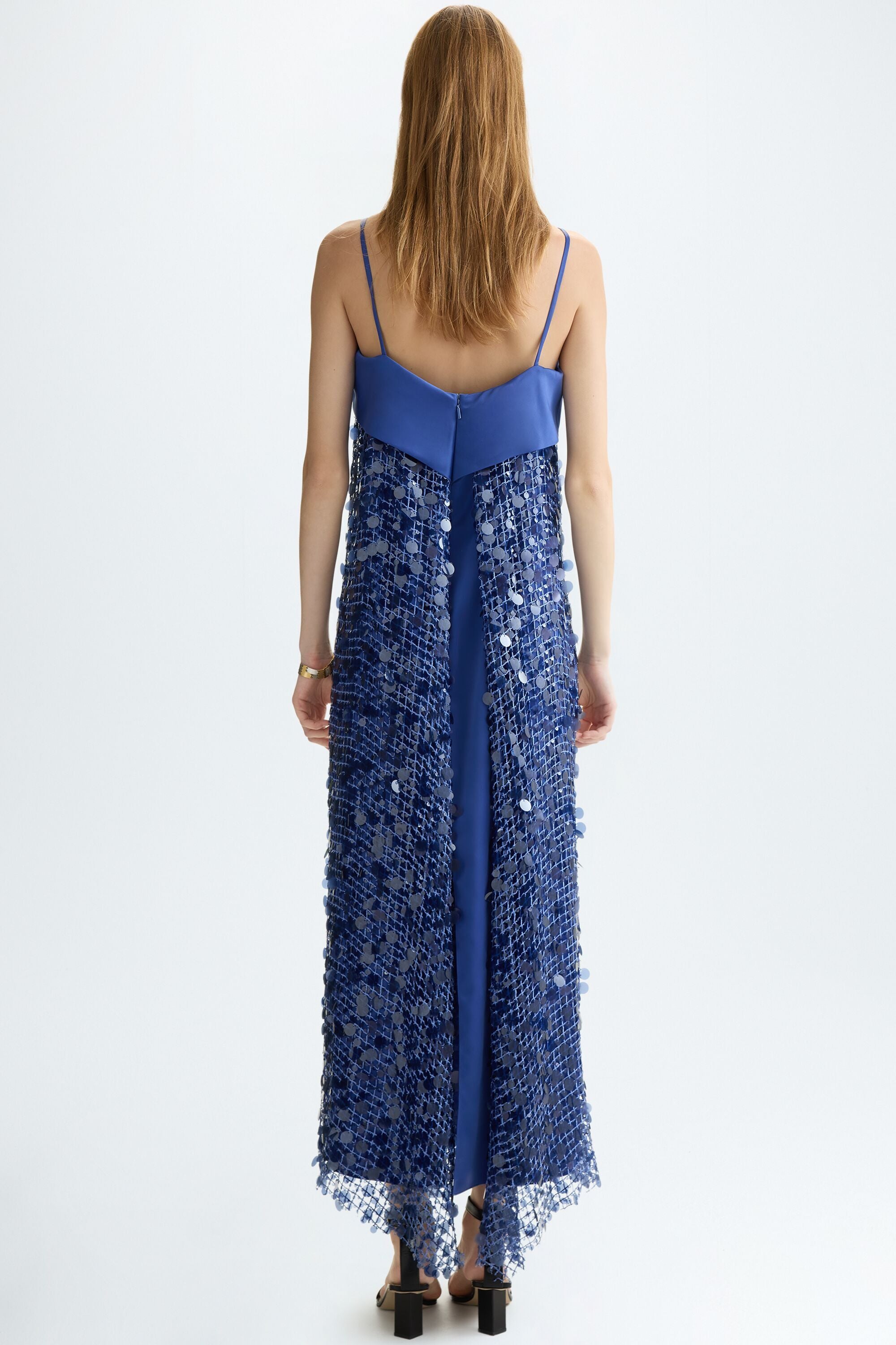 blue straight dress Sequinned satin straight-fit Featuring shimmering beaded straps