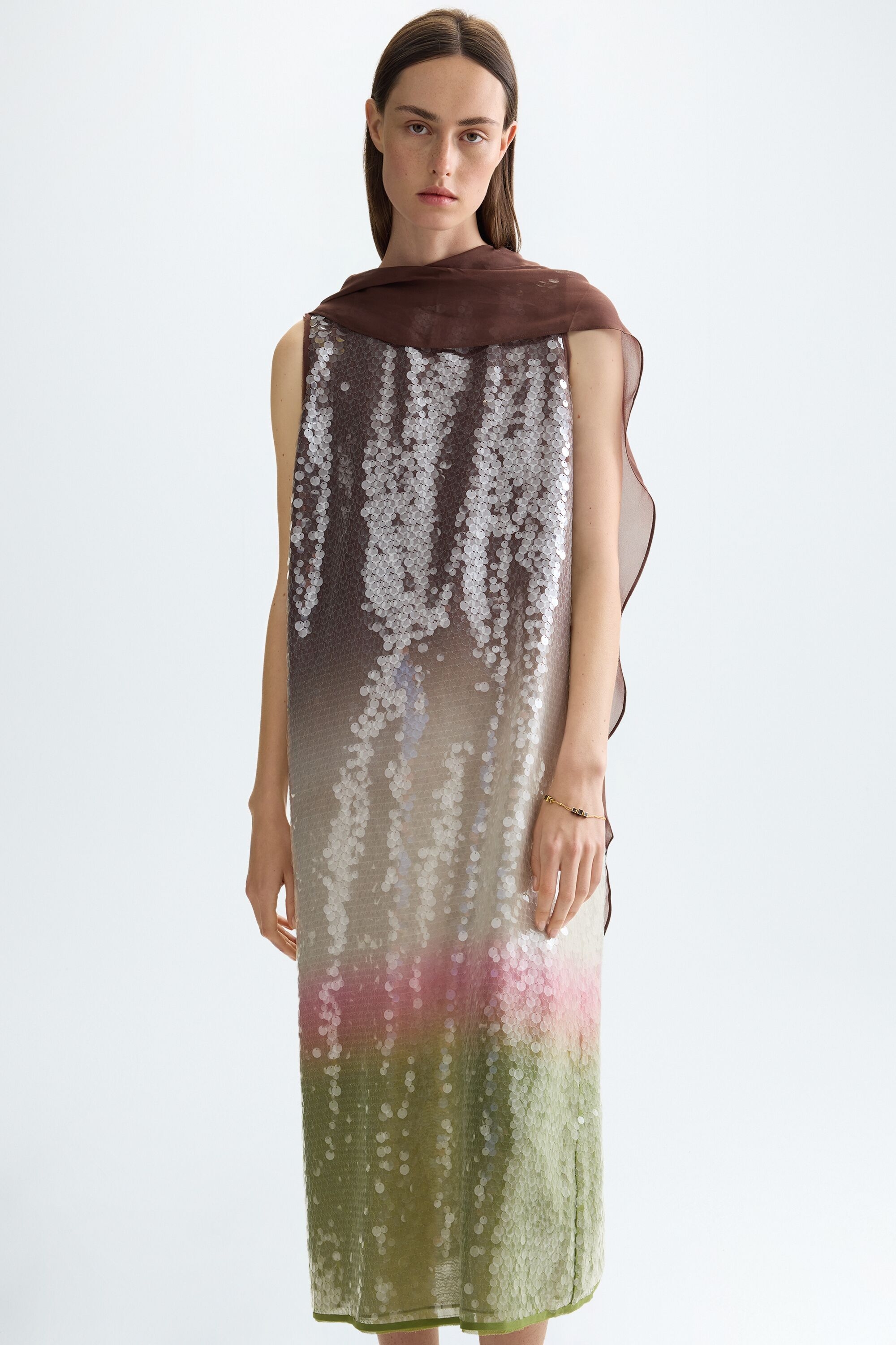 Sequinned georgette straight-fit dress with shawl