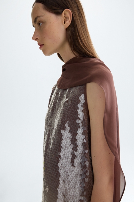 SEQUINNED GEORGETTE STRAIGHT-FIT DRESS WITH SHAWL