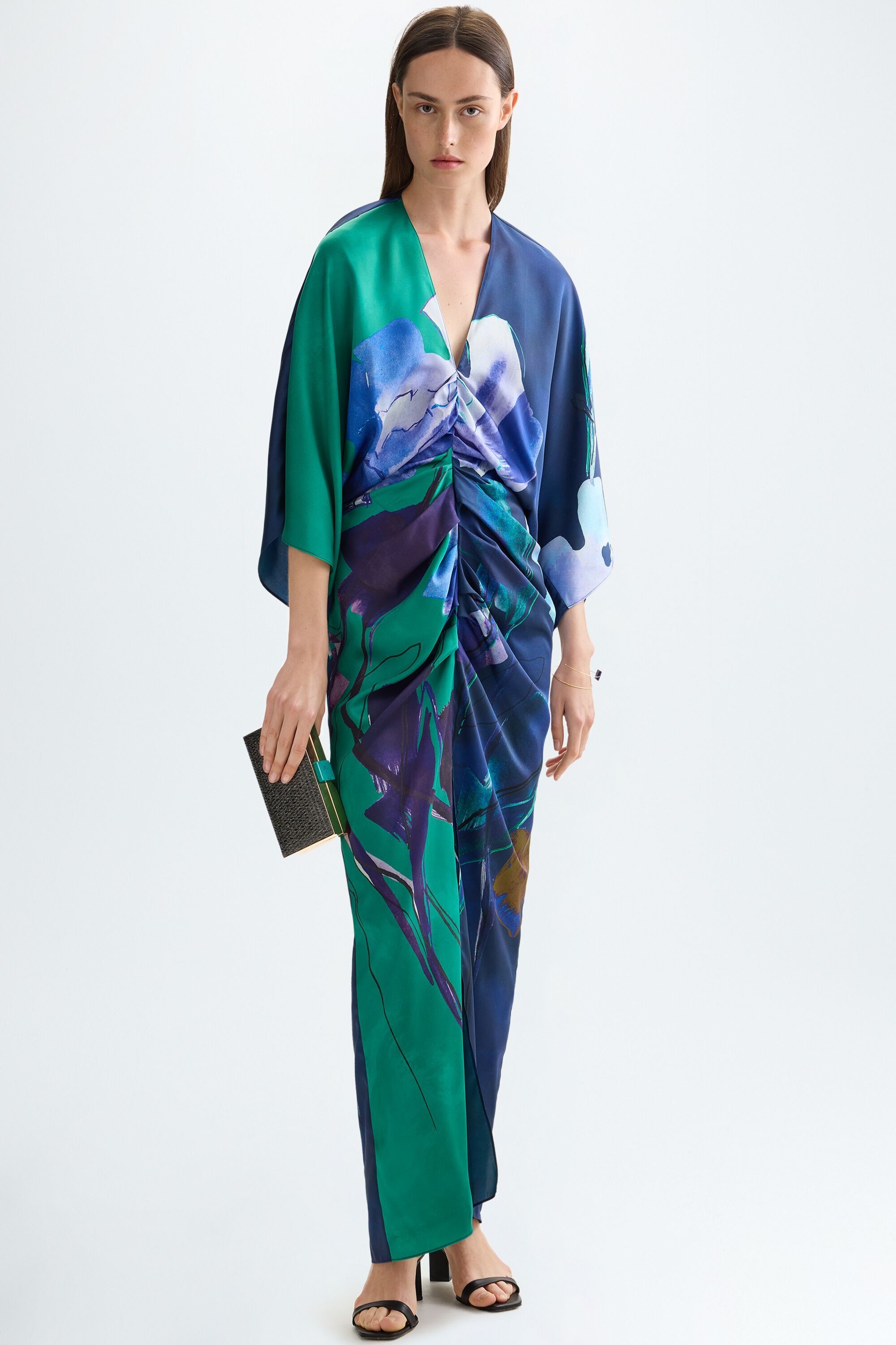 Print twill fitted kaftan-style dress