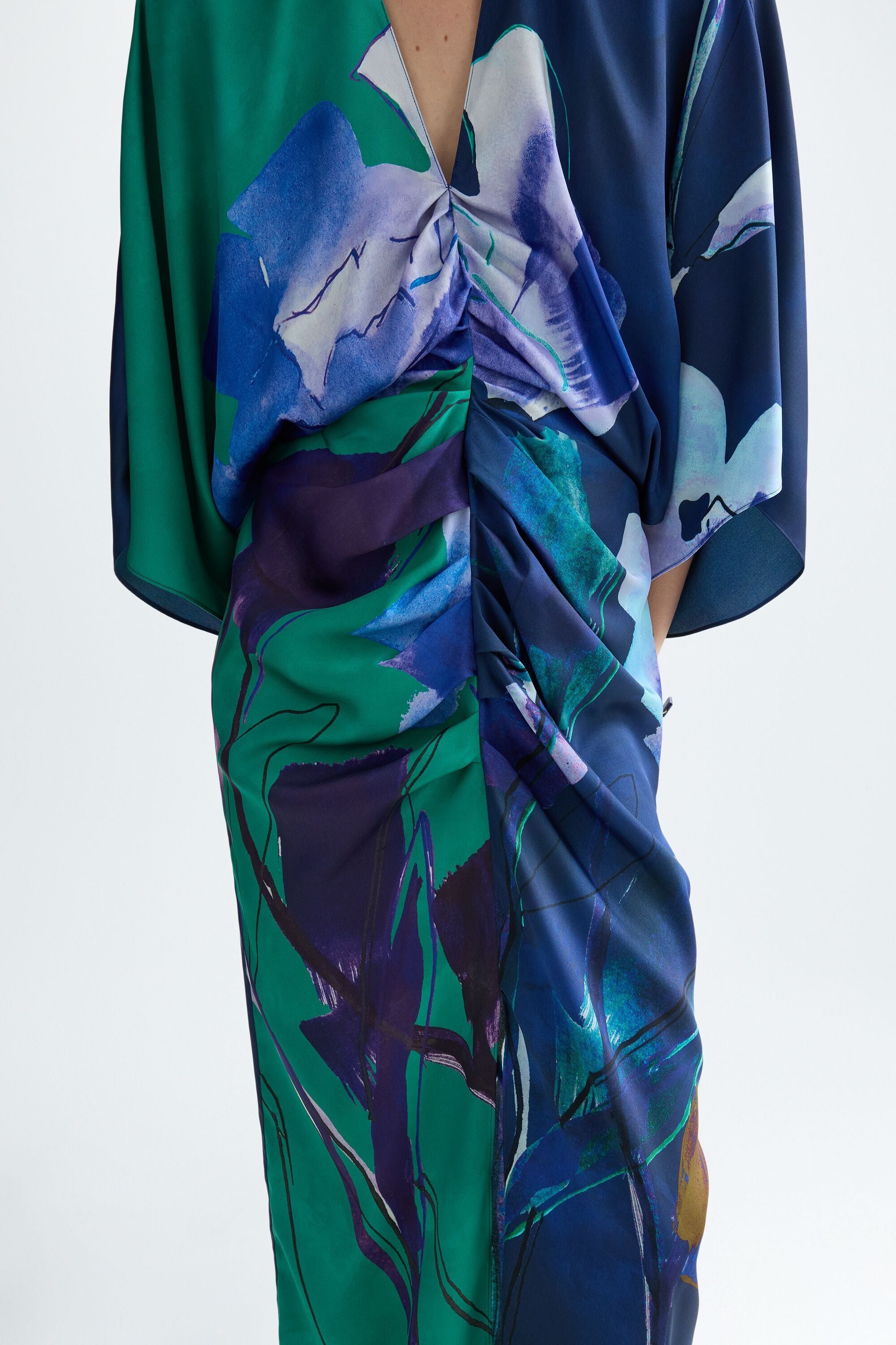 Print twill fitted kaftan-style dress blue/green - Purificacion Garcia  United States