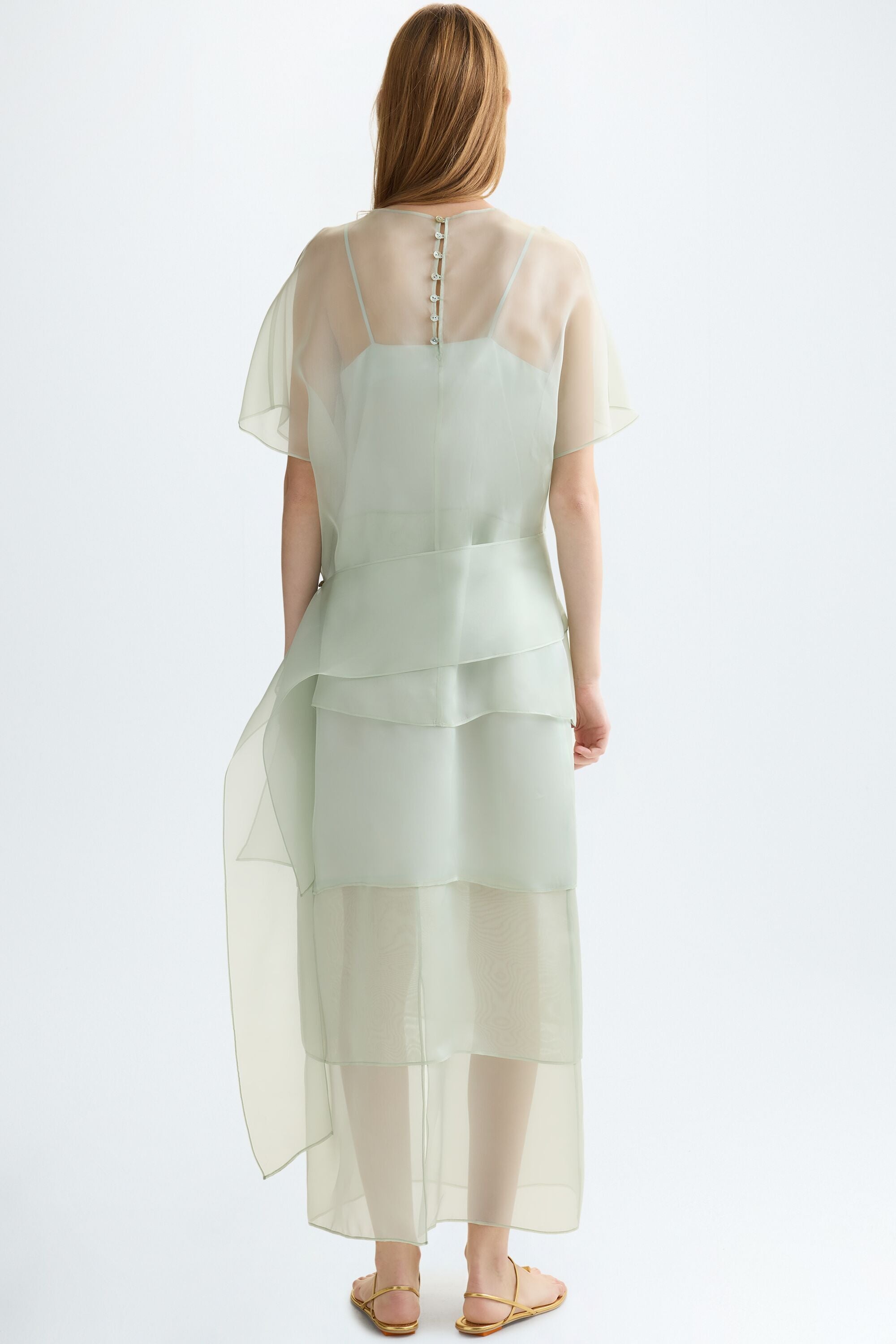 layered silk dress organza fitted aquamarine green TMR