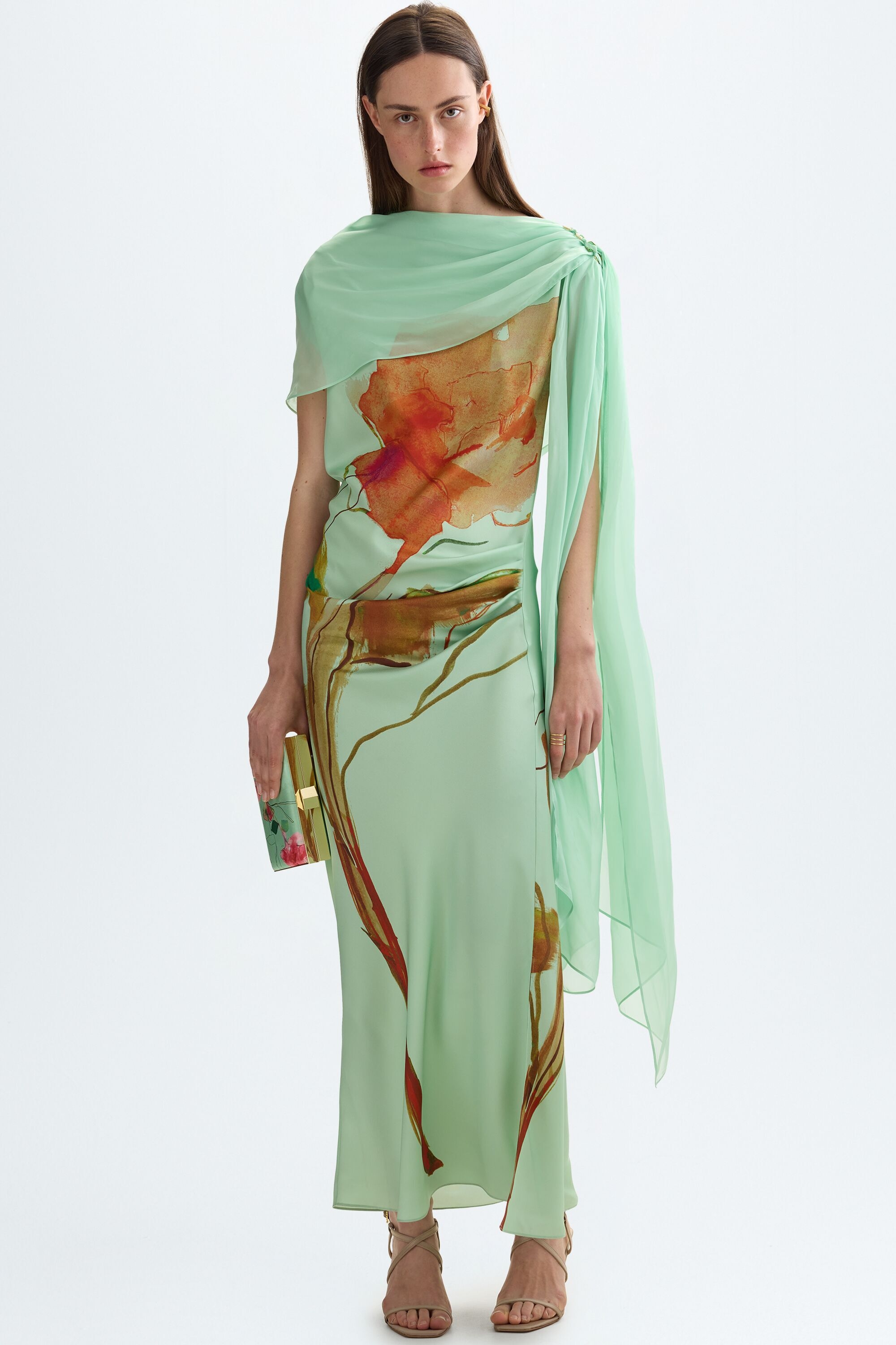 Print twill fitted dress with scarf