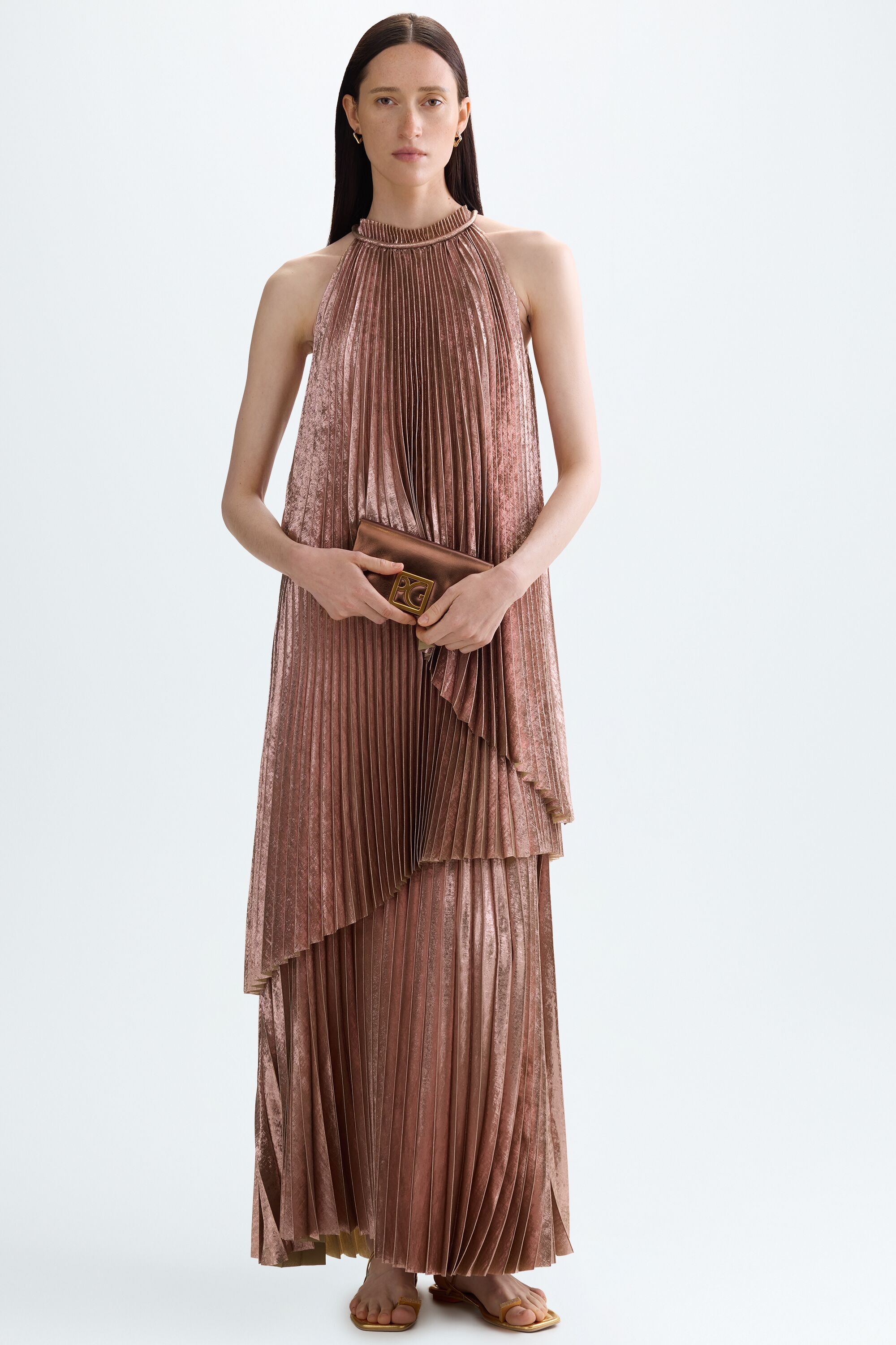 Pleated lamé halter dress