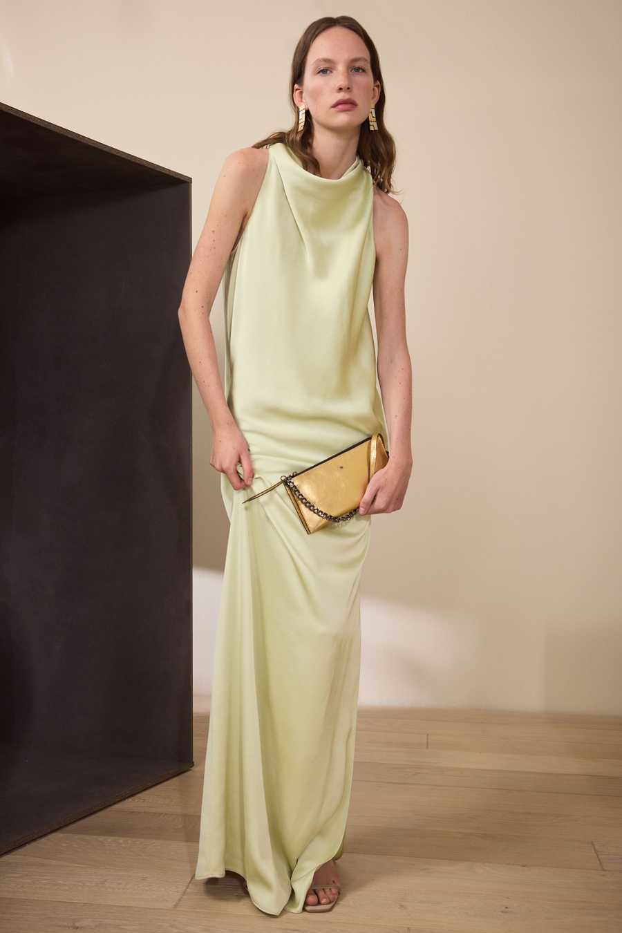 DRAPED SATIN STRAIGHT-FIT LONG DRESS