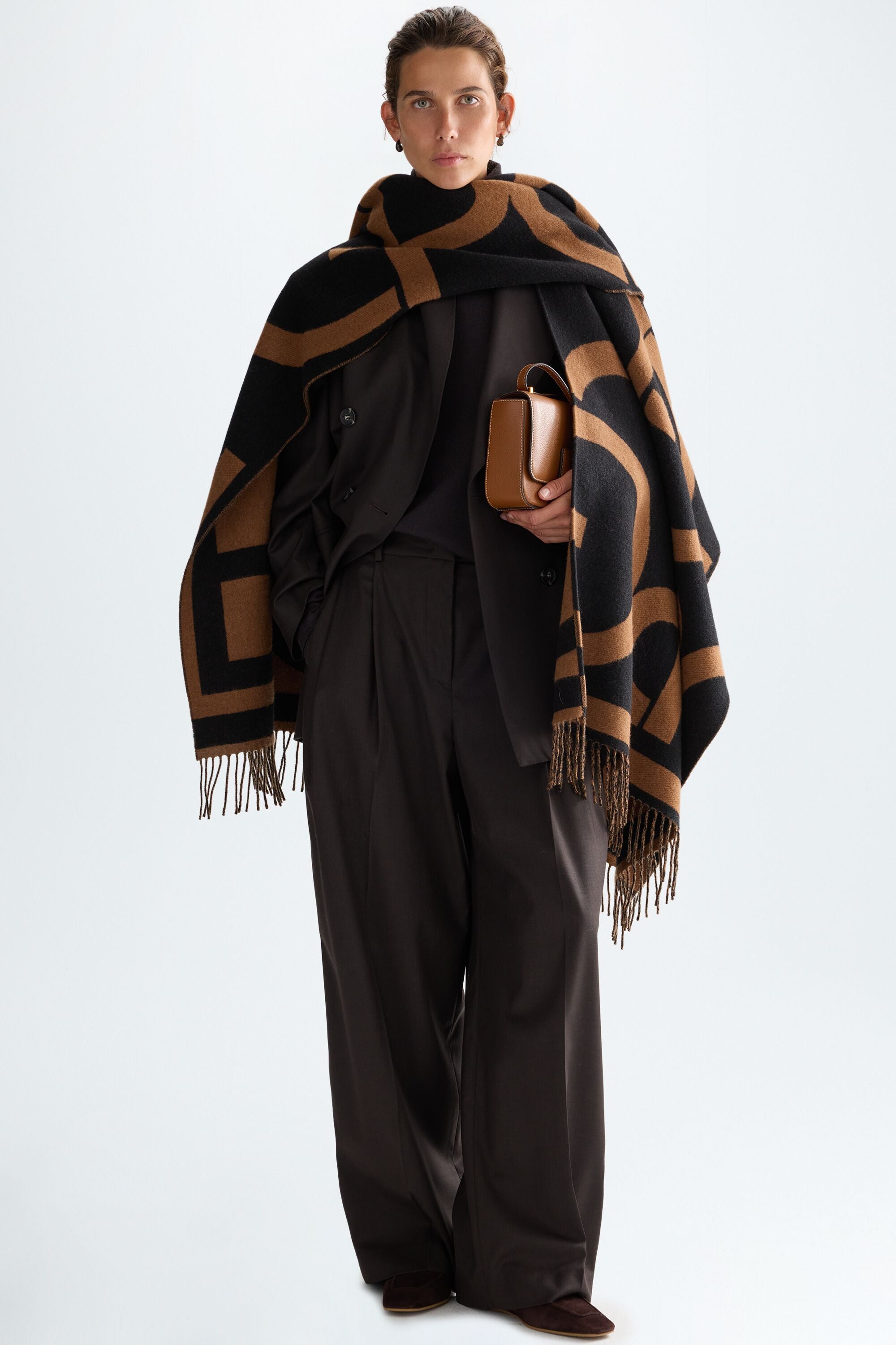 Gutenberg wool poncho black/camel - Purificacion Garcia United States